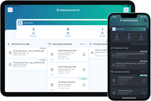 Styreportal fra Admincontrol på desktop og mobil
